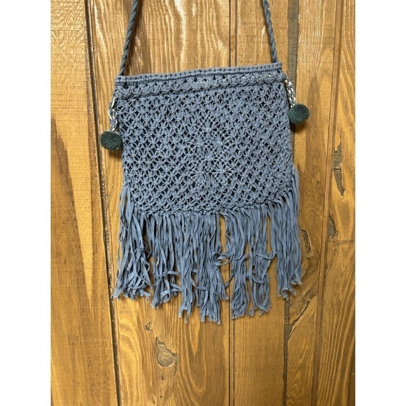 Bohemian long crossbody crochet fringed purse with Pom poms - Picture 3 of 7